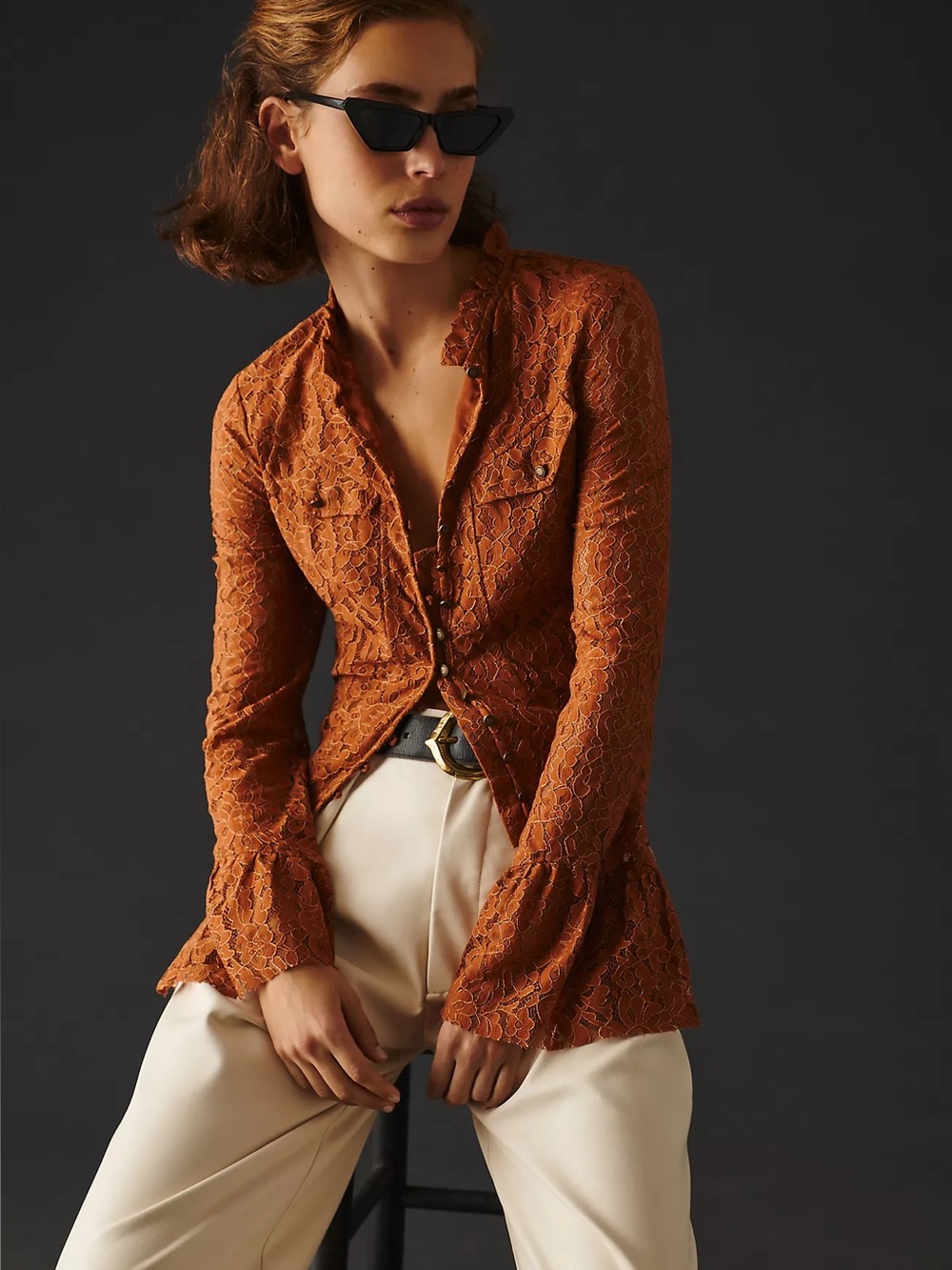 Anthropologie Women's Rusty Brown Long Sleeve Lined Button Down Shirt Sz Large